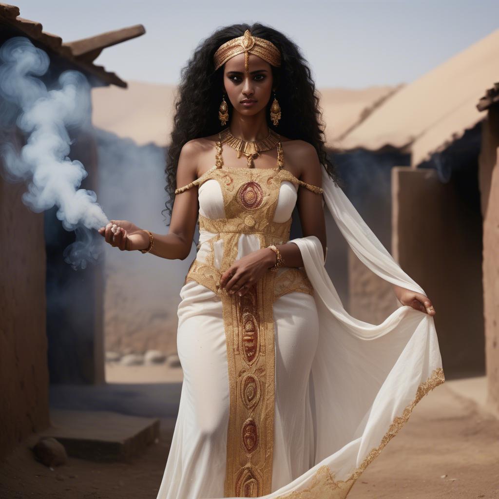 A stunning image of eritrean goddess donning a fitted embroidered gown subtly enhanced by soft incense smoke.