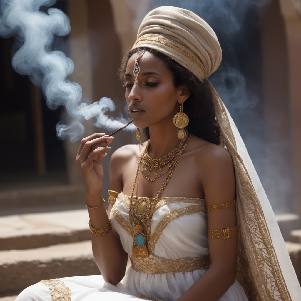 A stunning image of eritrean goddess donning a fitted embroidered gown subtly enhanced by soft incense smoke.