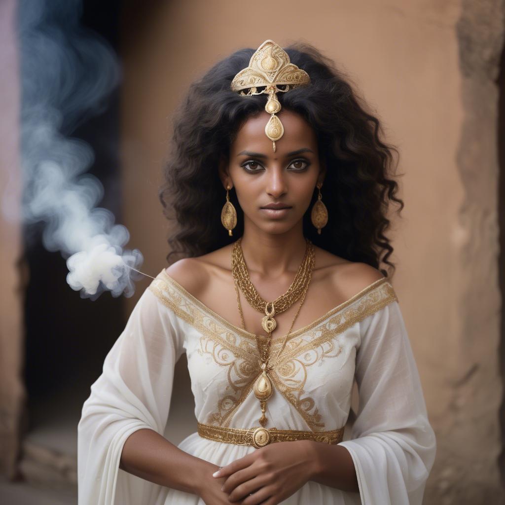 A stunning image of eritrean goddess donning a fitted embroidered gown subtly enhanced by soft incense smoke.