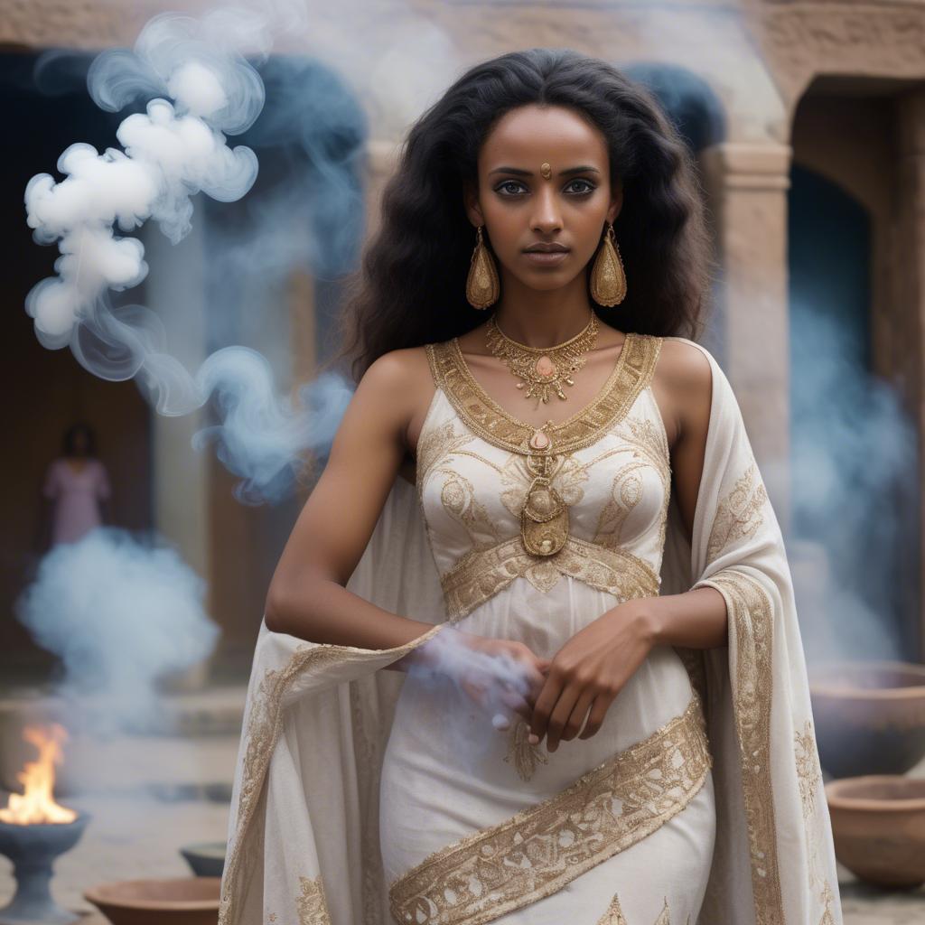 A stunning image of eritrean goddess donning a fitted embroidered gown subtly enhanced by soft incense smoke.
