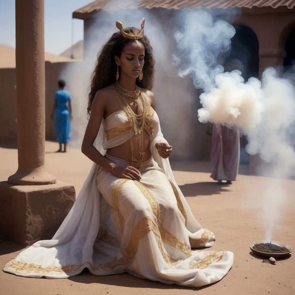 A stunning image of eritrean goddess donning a fitted embroidered gown subtly enhanced by soft incense smoke.