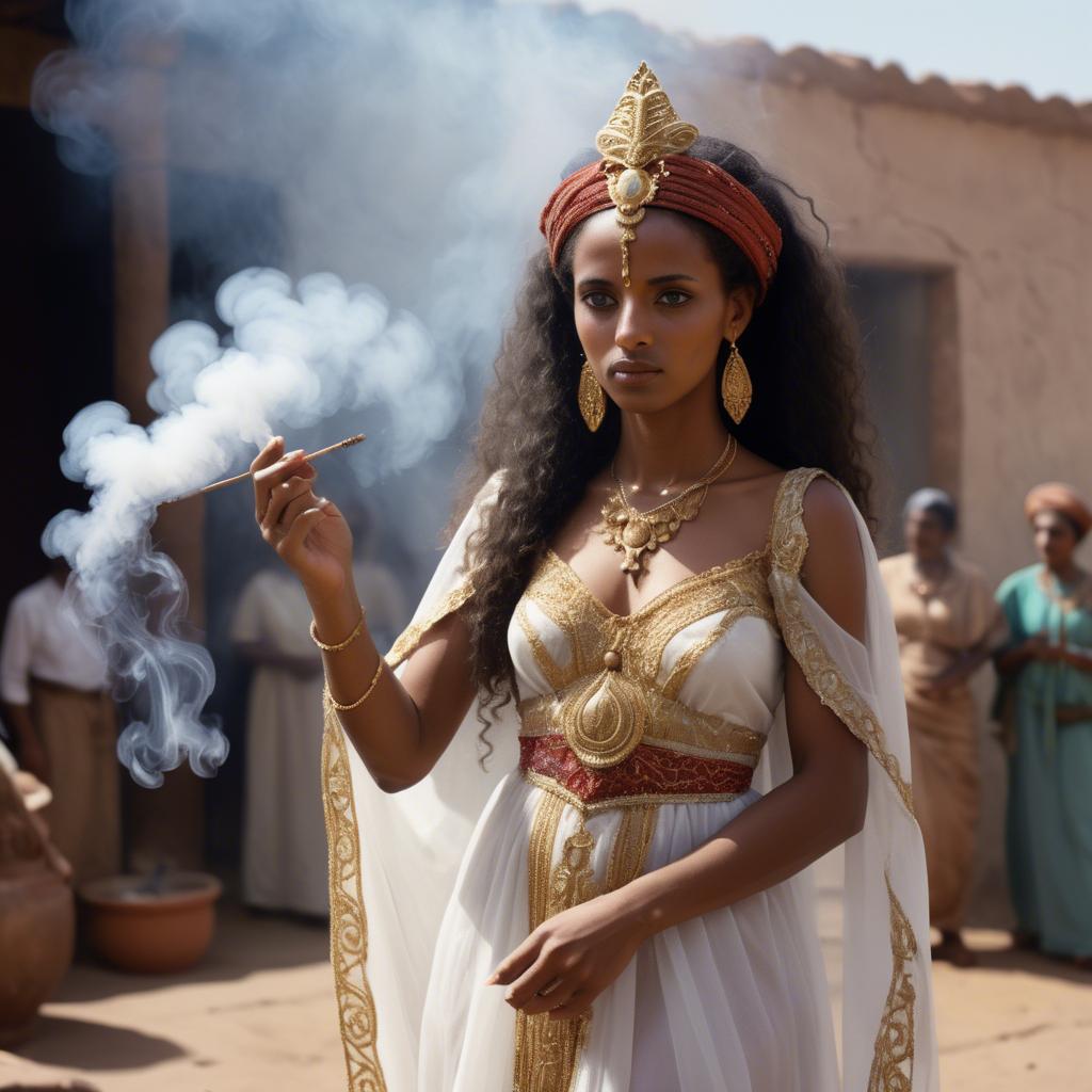 A stunning image of eritrean goddess donning a fitted embroidered gown subtly enhanced by soft incense smoke.