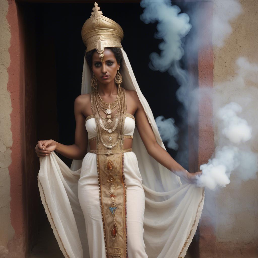 A stunning image of eritrean goddess donning a fitted embroidered gown subtly enhanced by soft incense smoke.