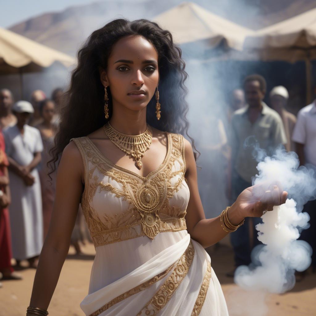 A stunning image of eritrean goddess donning a fitted embroidered gown subtly enhanced by soft incense smoke.