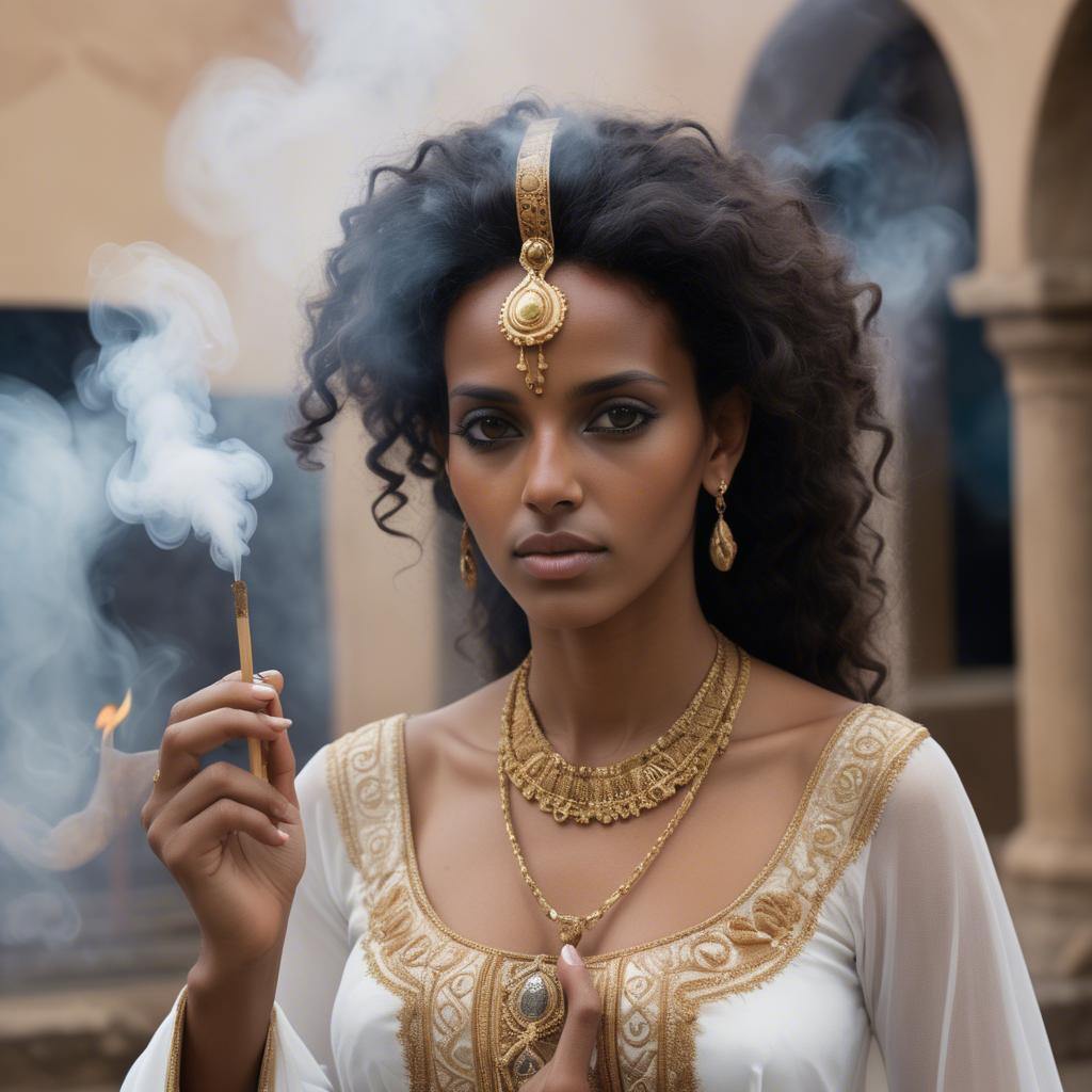 A stunning image of eritrean goddess donning a fitted embroidered gown subtly enhanced by soft incense smoke.