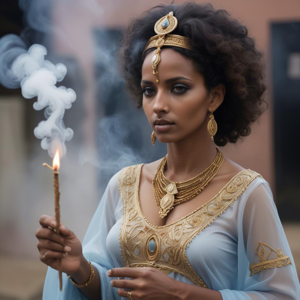 A stunning image of eritrean goddess donning a fitted embroidered gown subtly enhanced by soft incense smoke.
