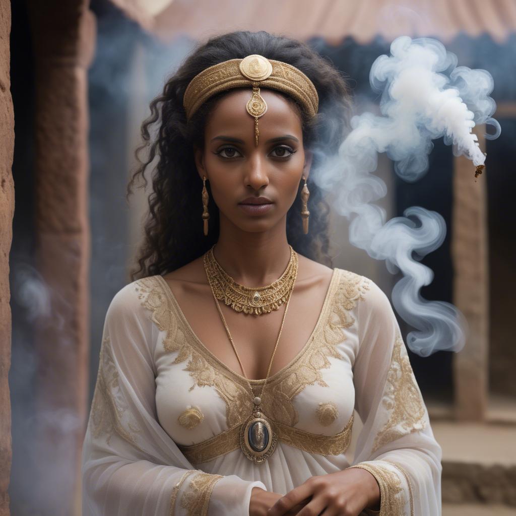 A stunning image of eritrean goddess donning a fitted embroidered gown subtly enhanced by soft incense smoke.
