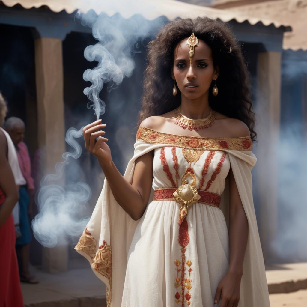 A stunning image of eritrean goddess donning a fitted embroidered gown subtly enhanced by soft incense smoke.
