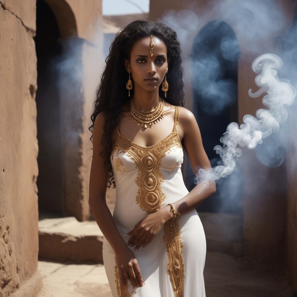 A stunning image of eritrean goddess donning a fitted embroidered gown subtly enhanced by soft incense smoke.