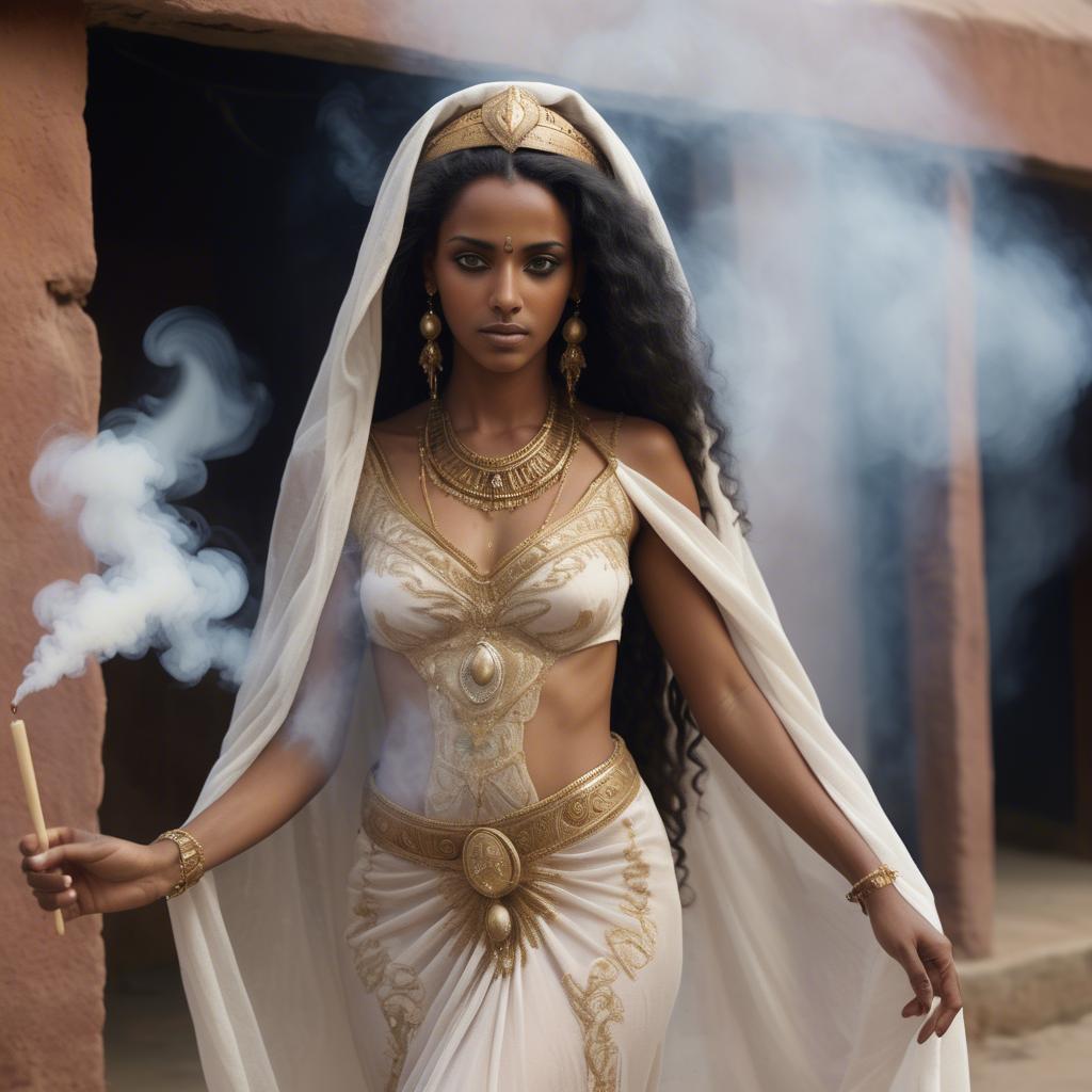 A stunning image of eritrean goddess donning a fitted embroidered gown subtly enhanced by soft incense smoke.