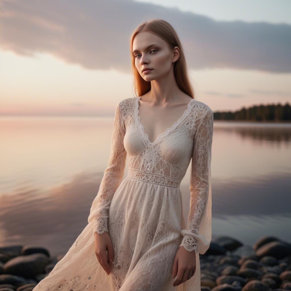 A stunning image of estonian muse posing in airy lace garments illuminated by a tranquil baltic sunset.