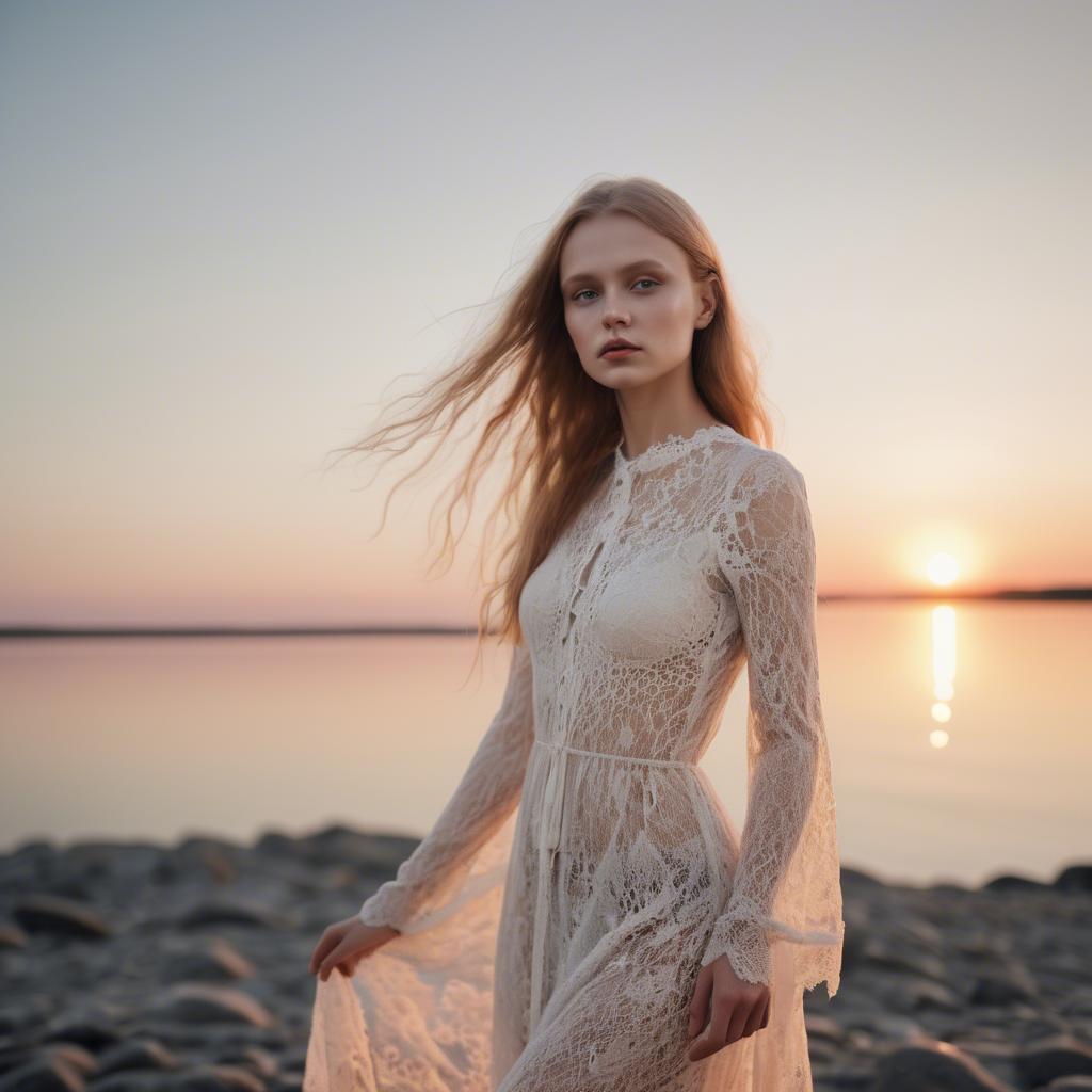 A stunning image of estonian muse posing in airy lace garments illuminated by a tranquil baltic sunset.
