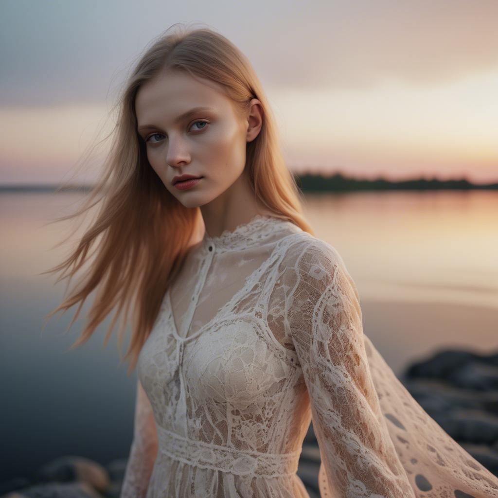 A stunning image of estonian muse posing in airy lace garments illuminated by a tranquil baltic sunset.