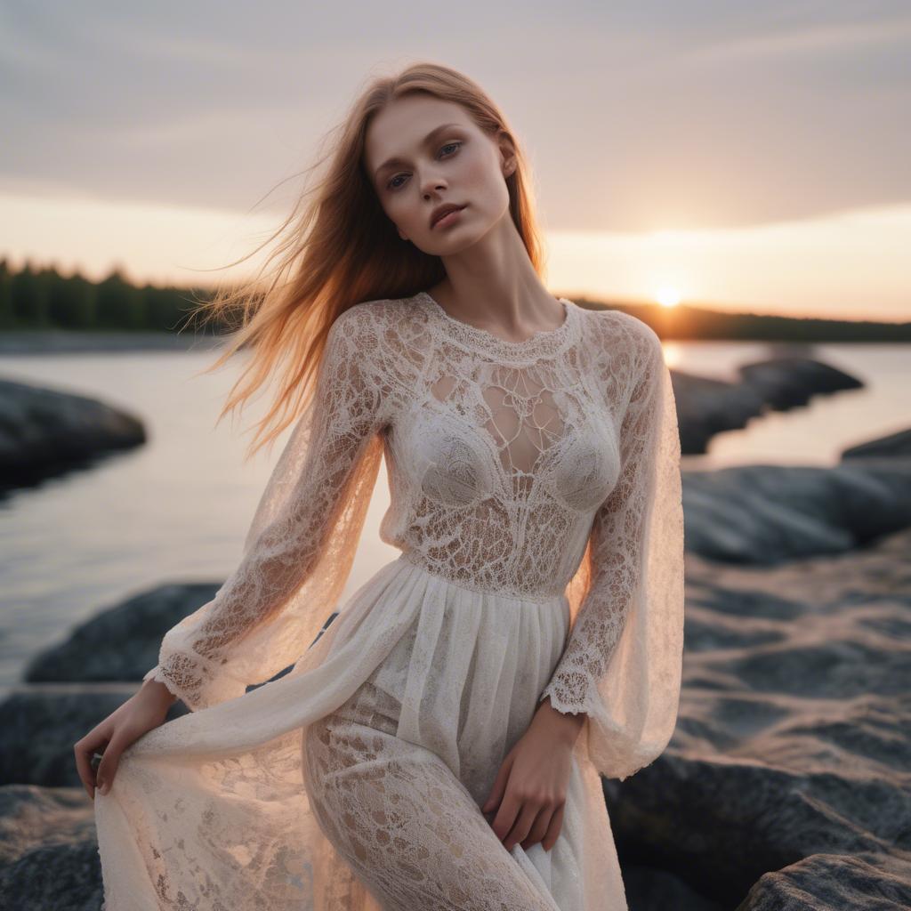 A stunning image of estonian muse posing in airy lace garments illuminated by a tranquil baltic sunset.