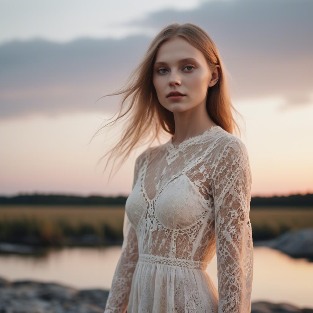 A stunning image of estonian muse posing in airy lace garments illuminated by a tranquil baltic sunset.