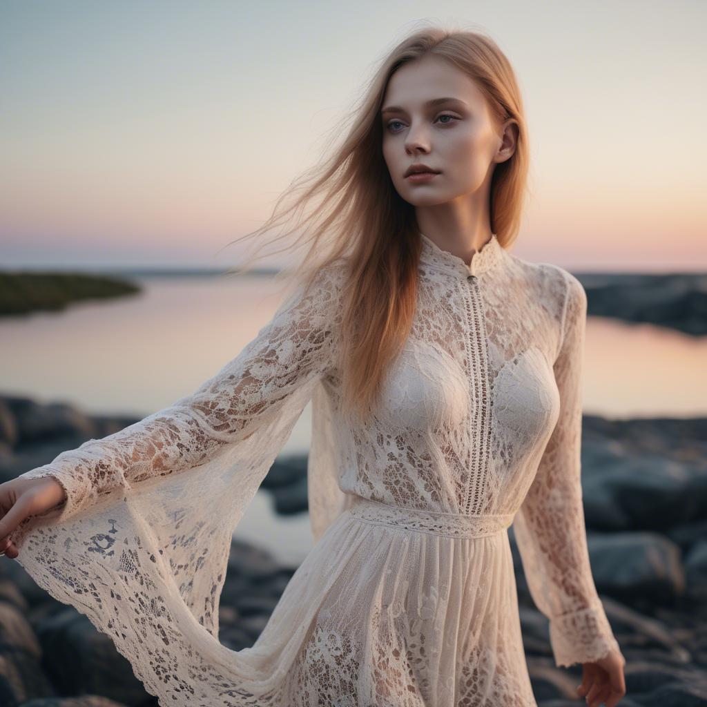 A stunning image of estonian muse posing in airy lace garments illuminated by a tranquil baltic sunset.