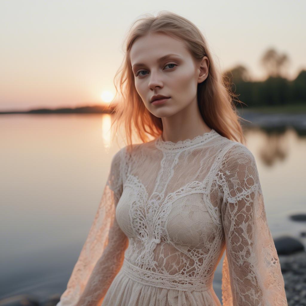 A stunning image of estonian muse posing in airy lace garments illuminated by a tranquil baltic sunset.