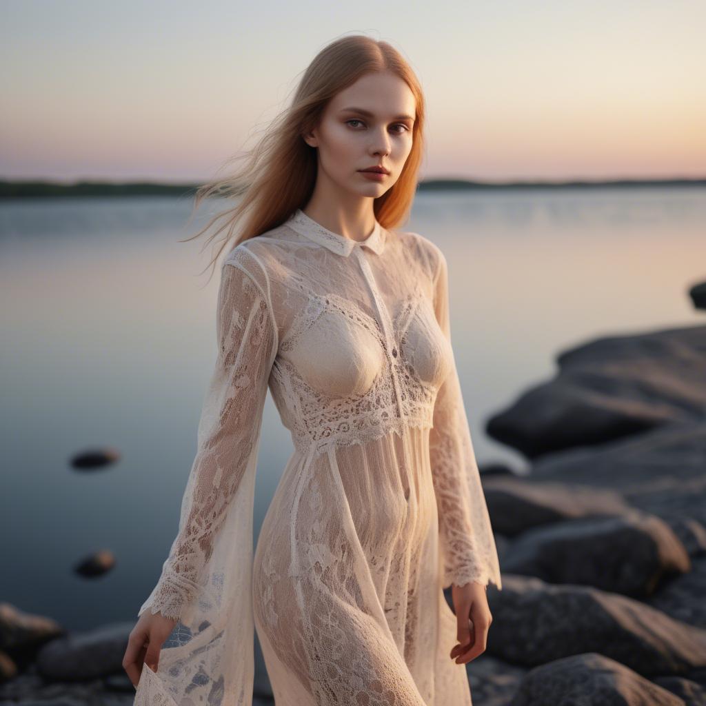 A stunning image of estonian muse posing in airy lace garments illuminated by a tranquil baltic sunset.