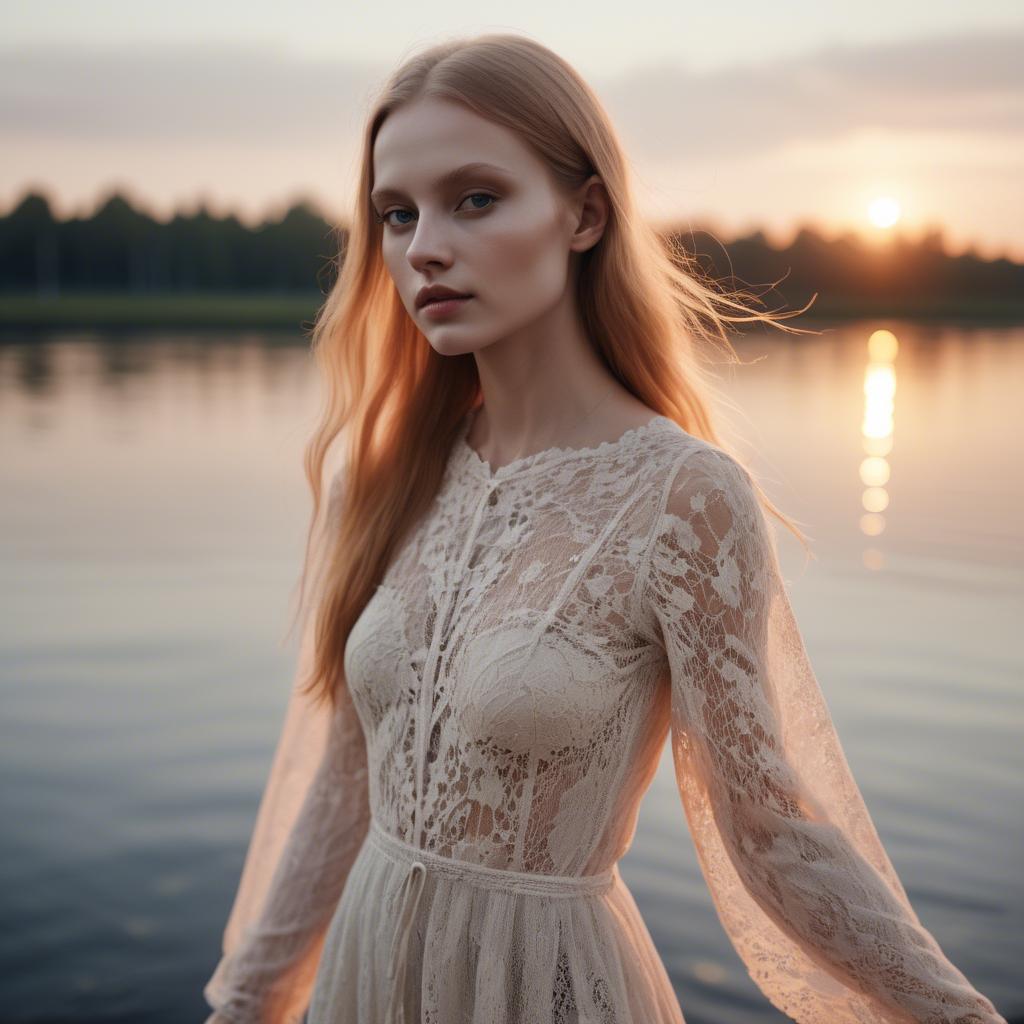A stunning image of estonian muse posing in airy lace garments illuminated by a tranquil baltic sunset.