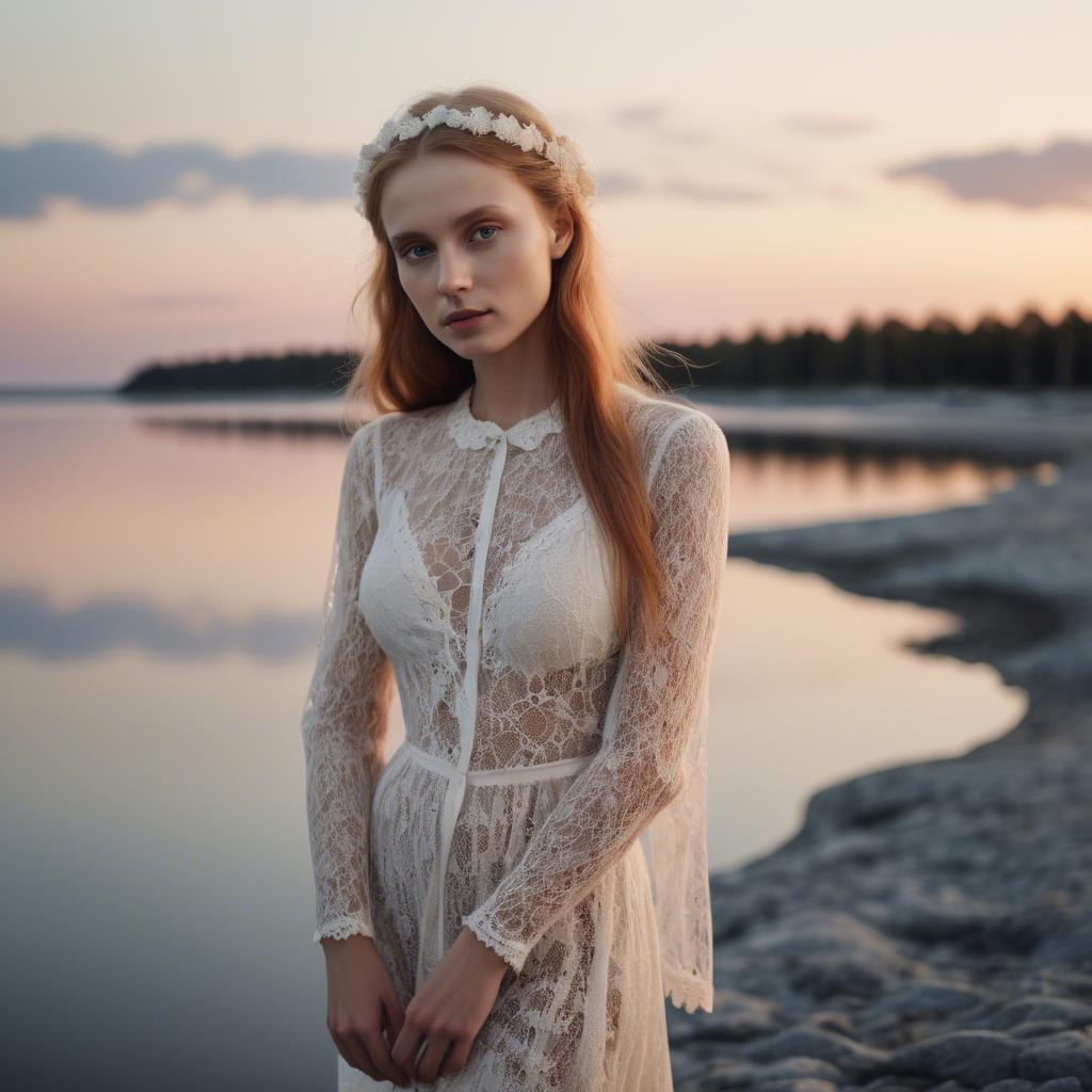 A stunning image of estonian muse posing in airy lace garments illuminated by a tranquil baltic sunset.