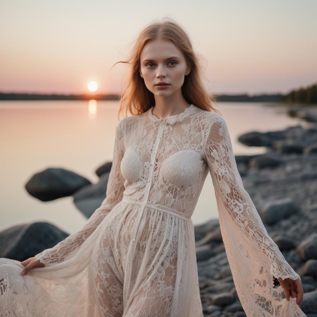A stunning image of estonian muse posing in airy lace garments illuminated by a tranquil baltic sunset.