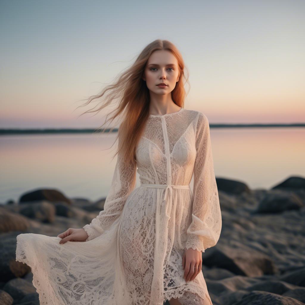 A stunning image of estonian muse posing in airy lace garments illuminated by a tranquil baltic sunset.