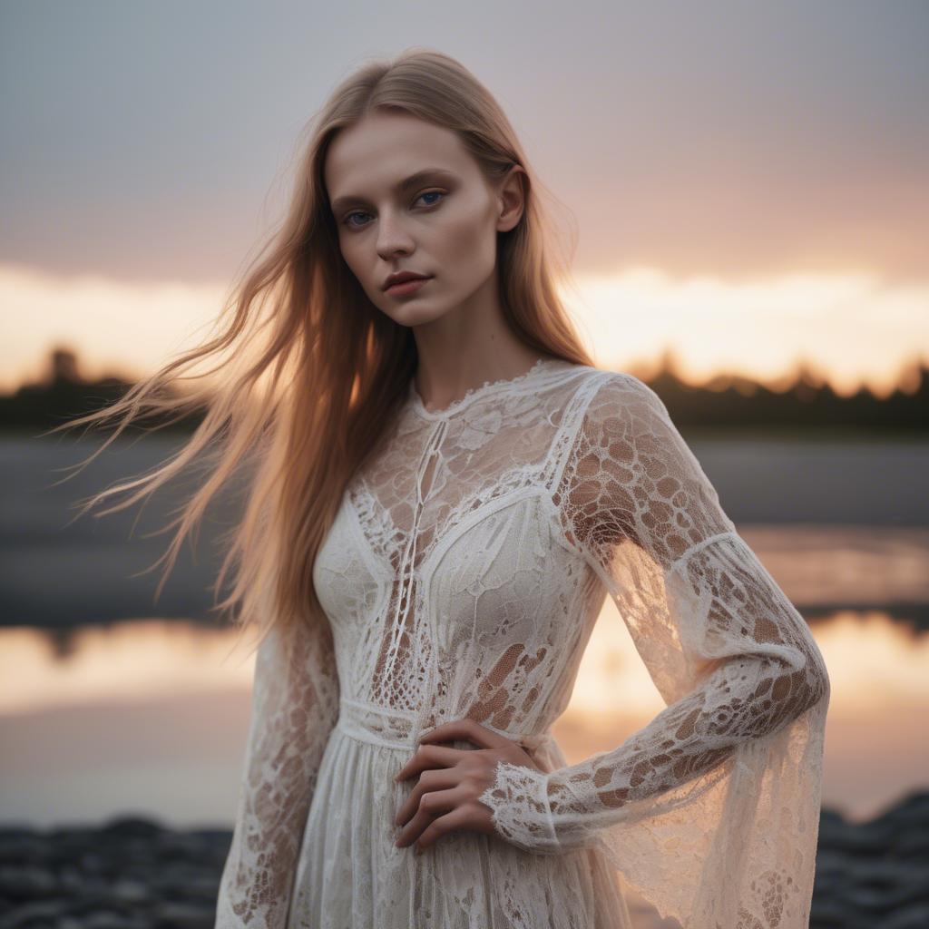 A stunning image of estonian muse posing in airy lace garments illuminated by a tranquil baltic sunset.
