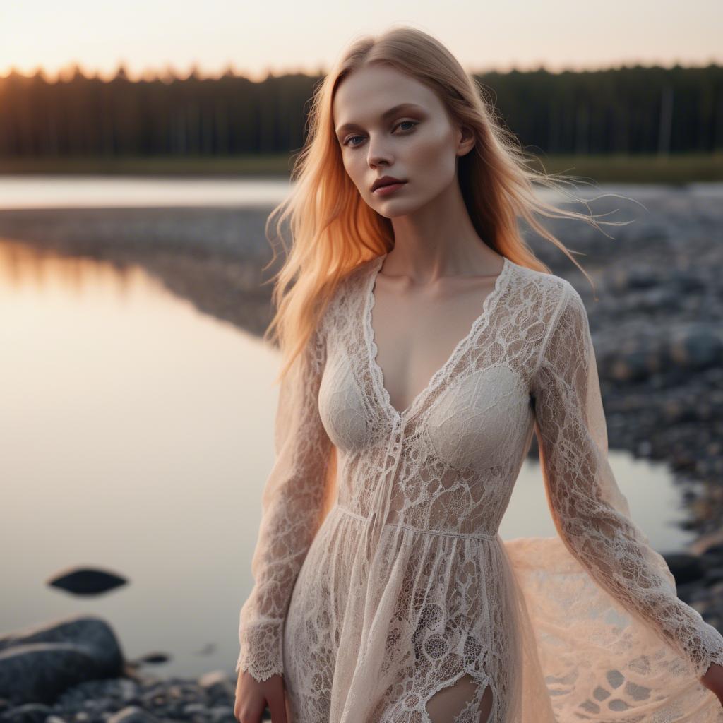A stunning image of estonian muse posing in airy lace garments illuminated by a tranquil baltic sunset.