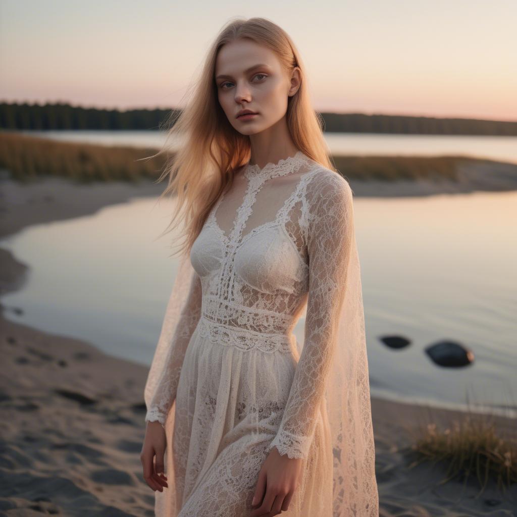 A stunning image of estonian muse posing in airy lace garments illuminated by a tranquil baltic sunset.