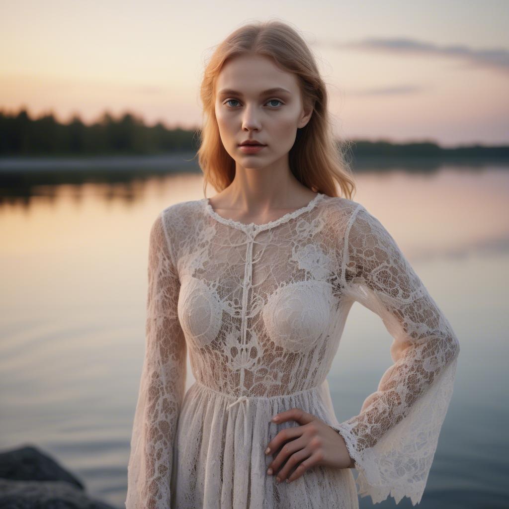 A stunning image of estonian muse posing in airy lace garments illuminated by a tranquil baltic sunset.