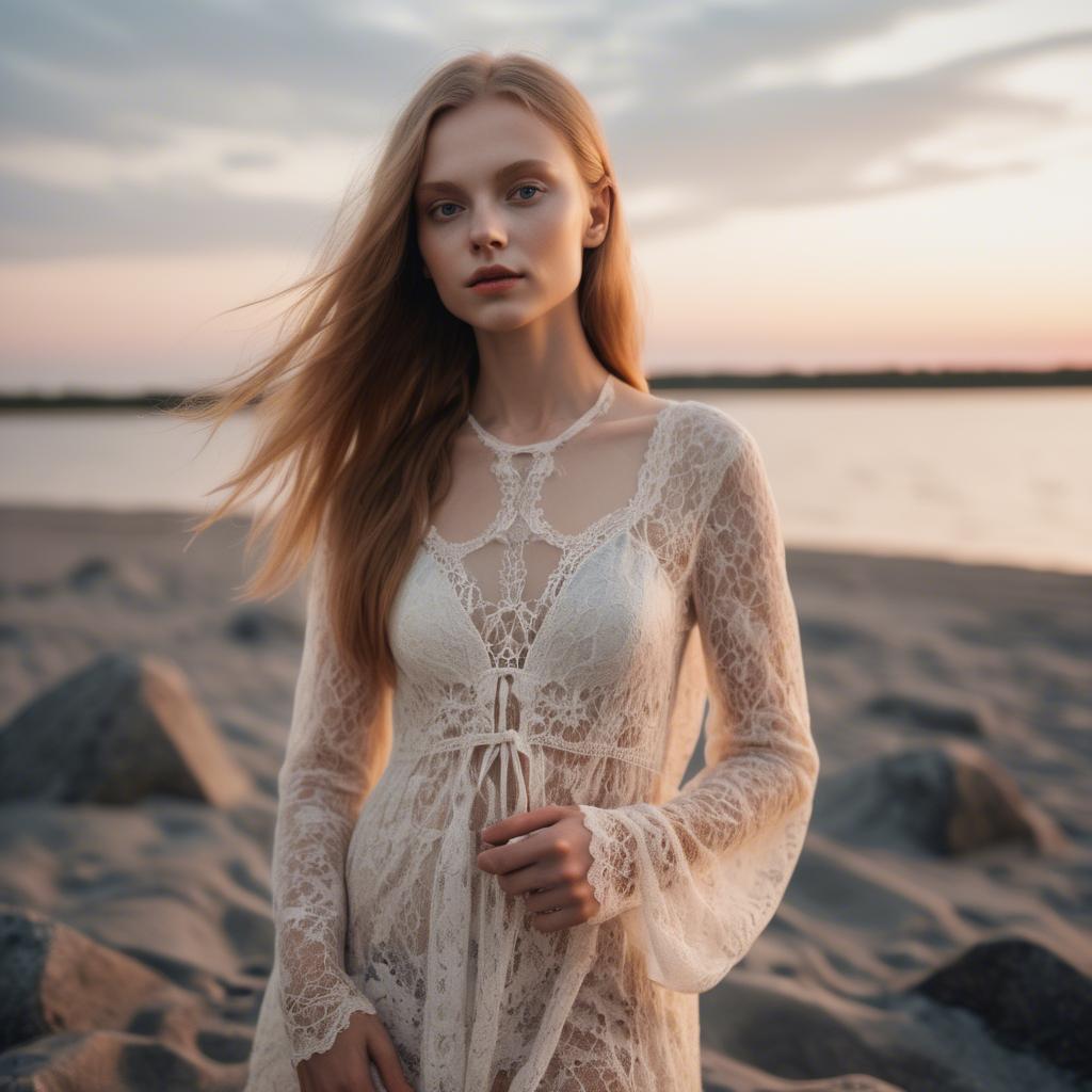A stunning image of estonian muse posing in airy lace garments illuminated by a tranquil baltic sunset.