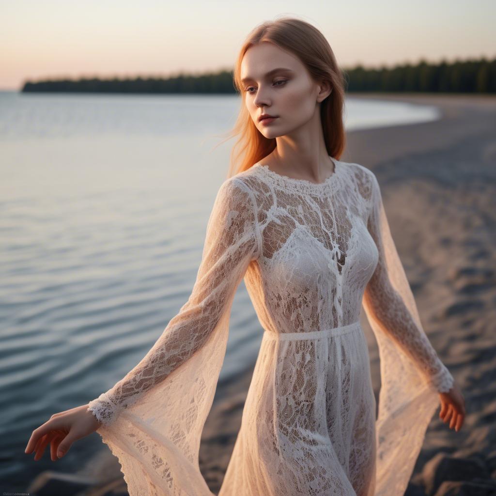 A stunning image of estonian muse posing in airy lace garments illuminated by a tranquil baltic sunset.