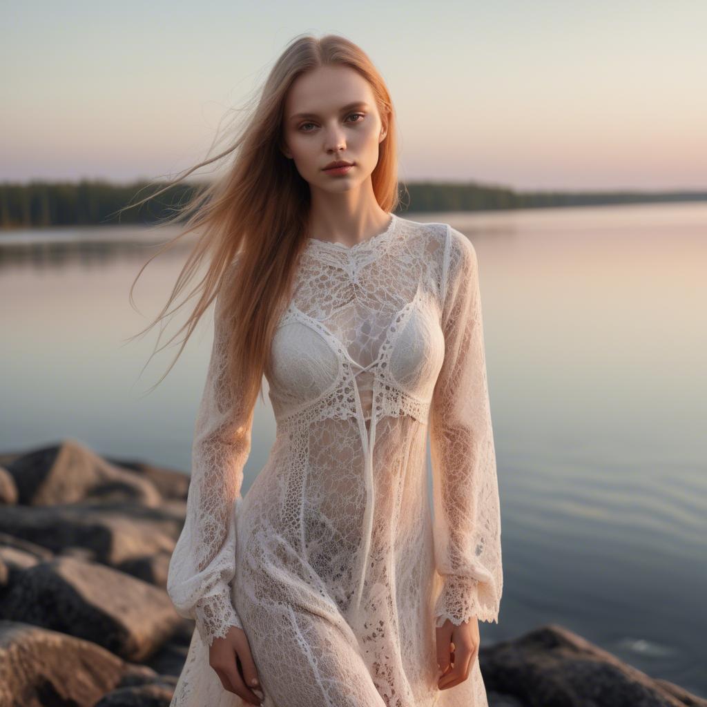 A stunning image of estonian muse posing in airy lace garments illuminated by a tranquil baltic sunset.