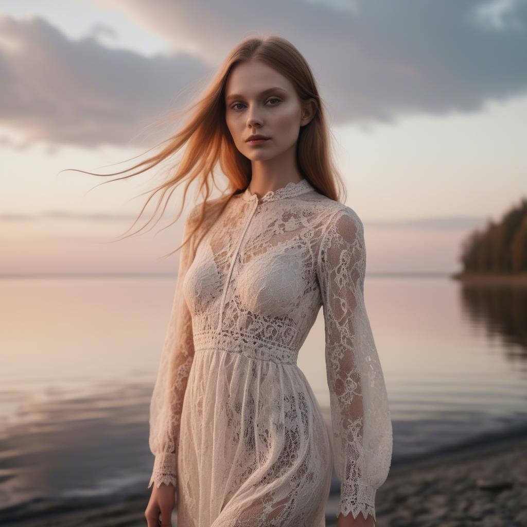 A stunning image of estonian muse posing in airy lace garments illuminated by a tranquil baltic sunset.
