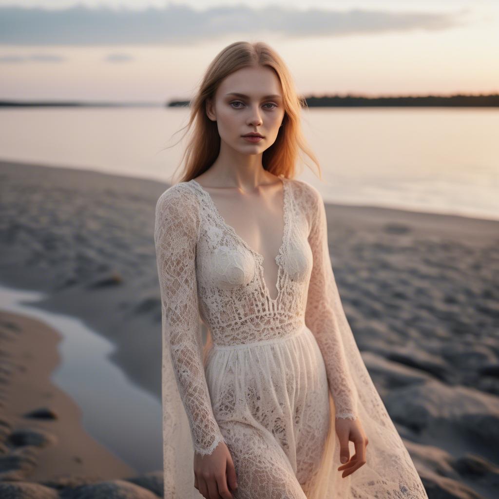 A stunning image of estonian muse posing in airy lace garments illuminated by a tranquil baltic sunset.