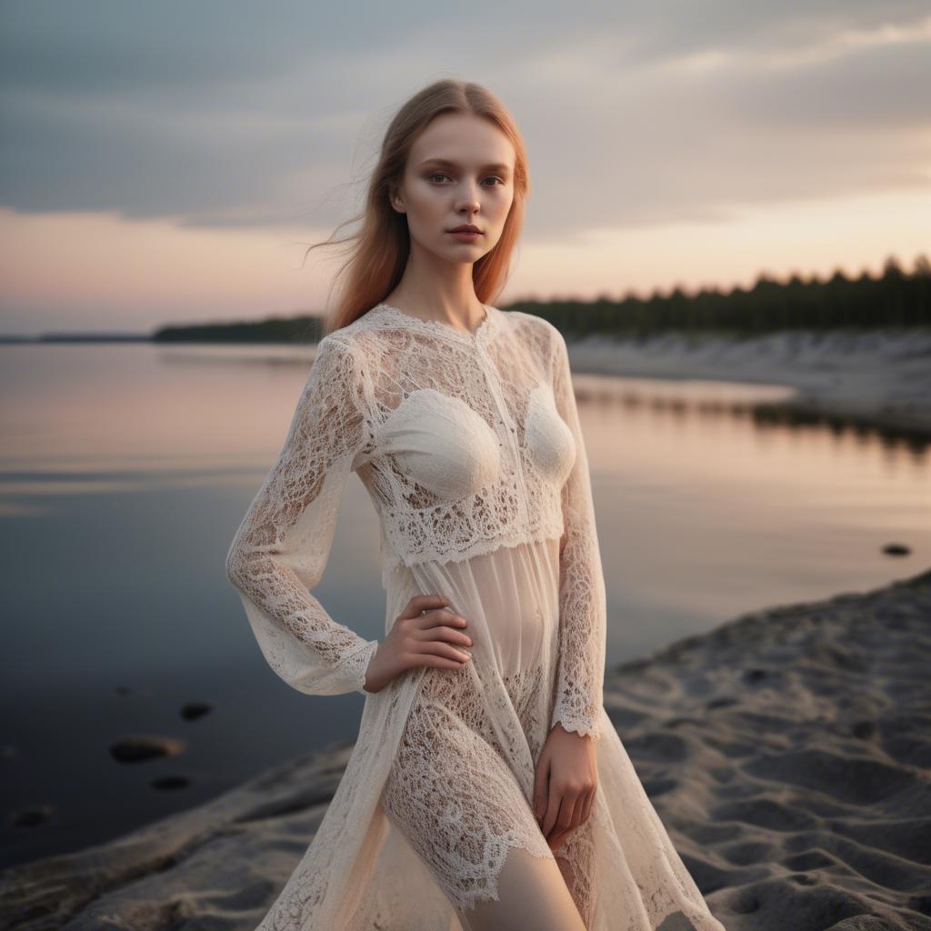 A stunning image of estonian muse posing in airy lace garments illuminated by a tranquil baltic sunset.