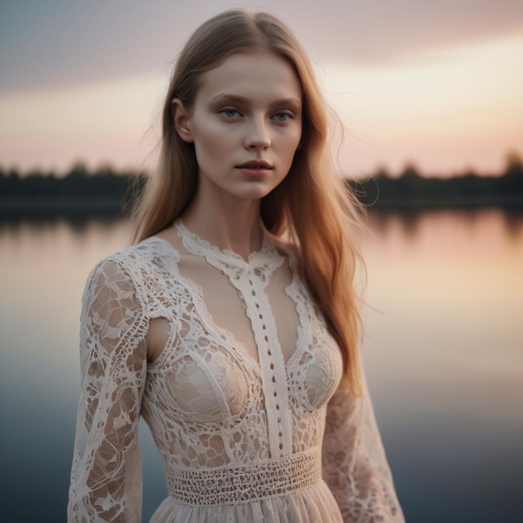 A stunning image of estonian muse posing in airy lace garments illuminated by a tranquil baltic sunset.