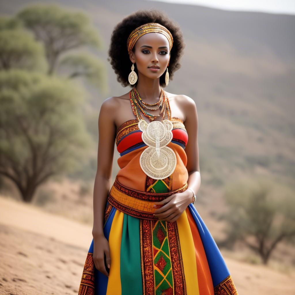 A stunning image of ethiopian model glowing in colorful traditional fabric accentuating regal poise and grace.