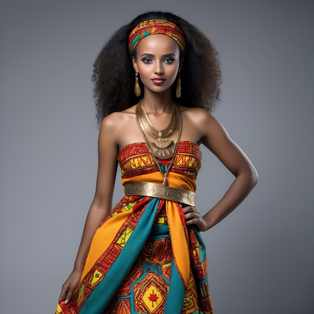 A stunning image of ethiopian model glowing in colorful traditional fabric accentuating regal poise and grace.
