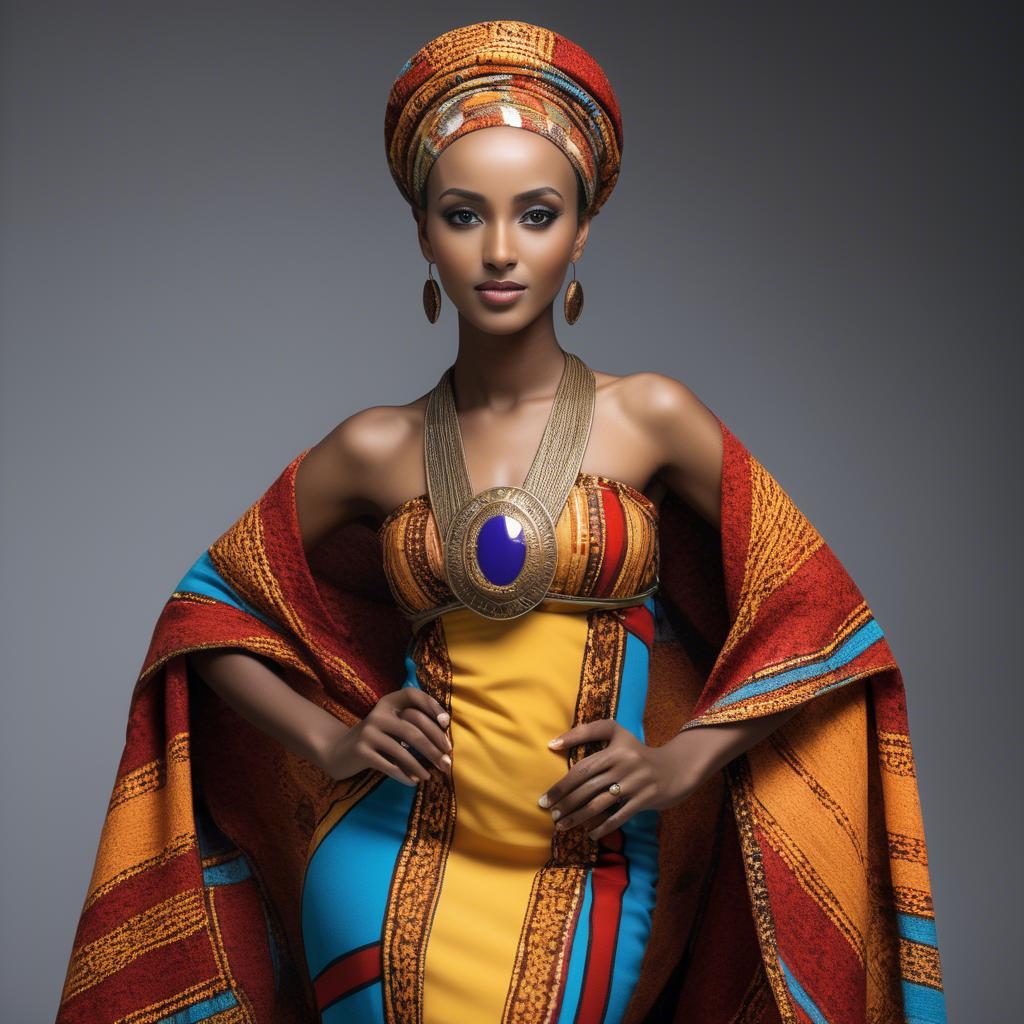 A stunning image of ethiopian model glowing in colorful traditional fabric accentuating regal poise and grace.