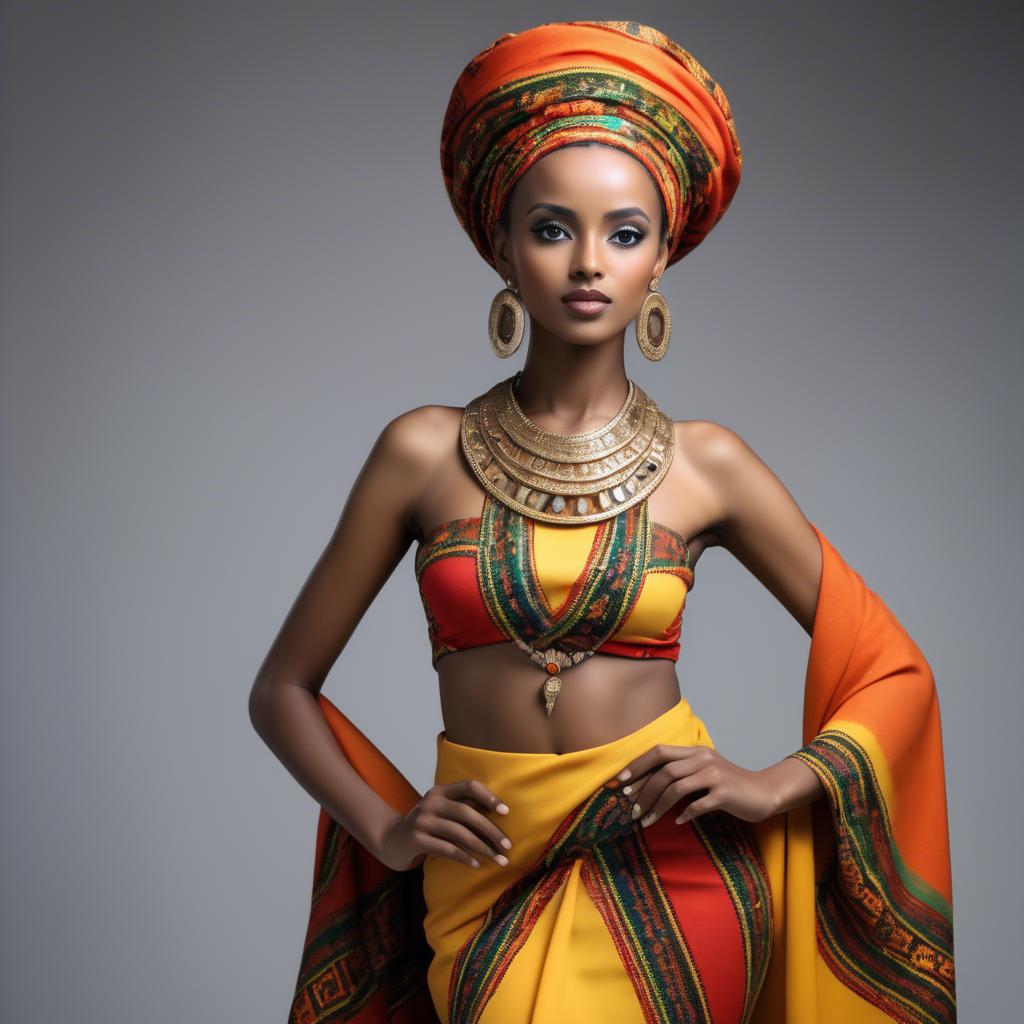 A stunning image of ethiopian model glowing in colorful traditional fabric accentuating regal poise and grace.