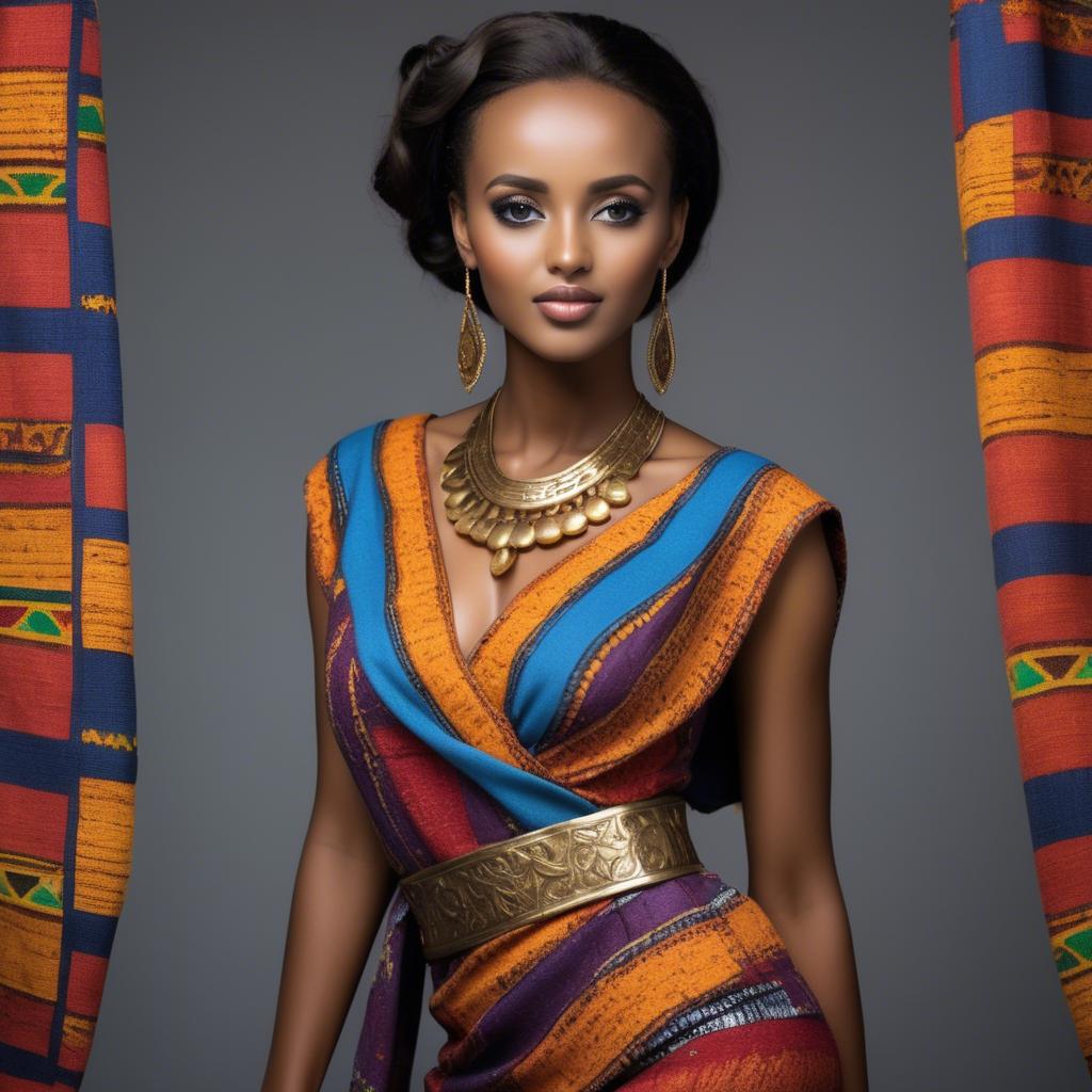 A stunning image of ethiopian model glowing in colorful traditional fabric accentuating regal poise and grace.