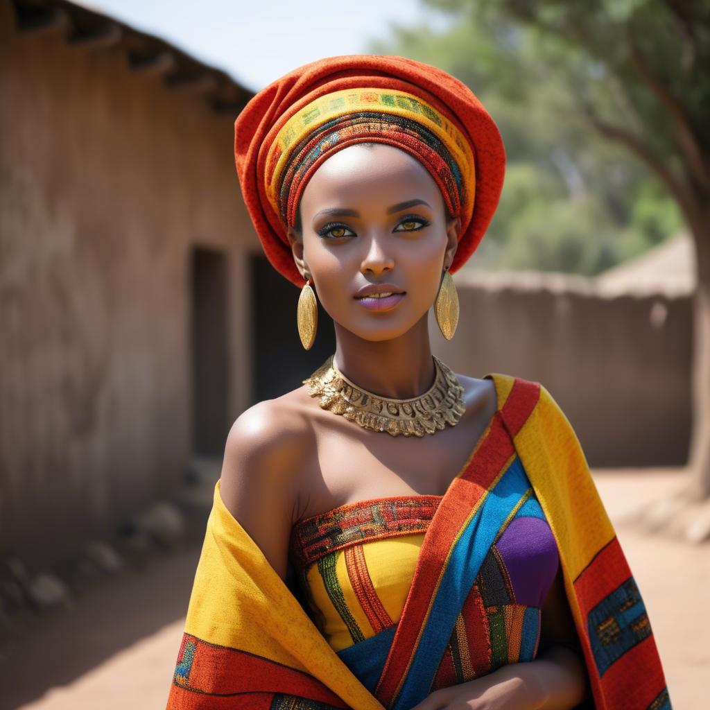 A stunning image of ethiopian model glowing in colorful traditional fabric accentuating regal poise and grace.