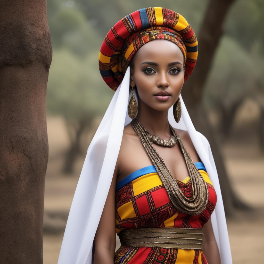 A stunning image of ethiopian model glowing in colorful traditional fabric accentuating regal poise and grace.