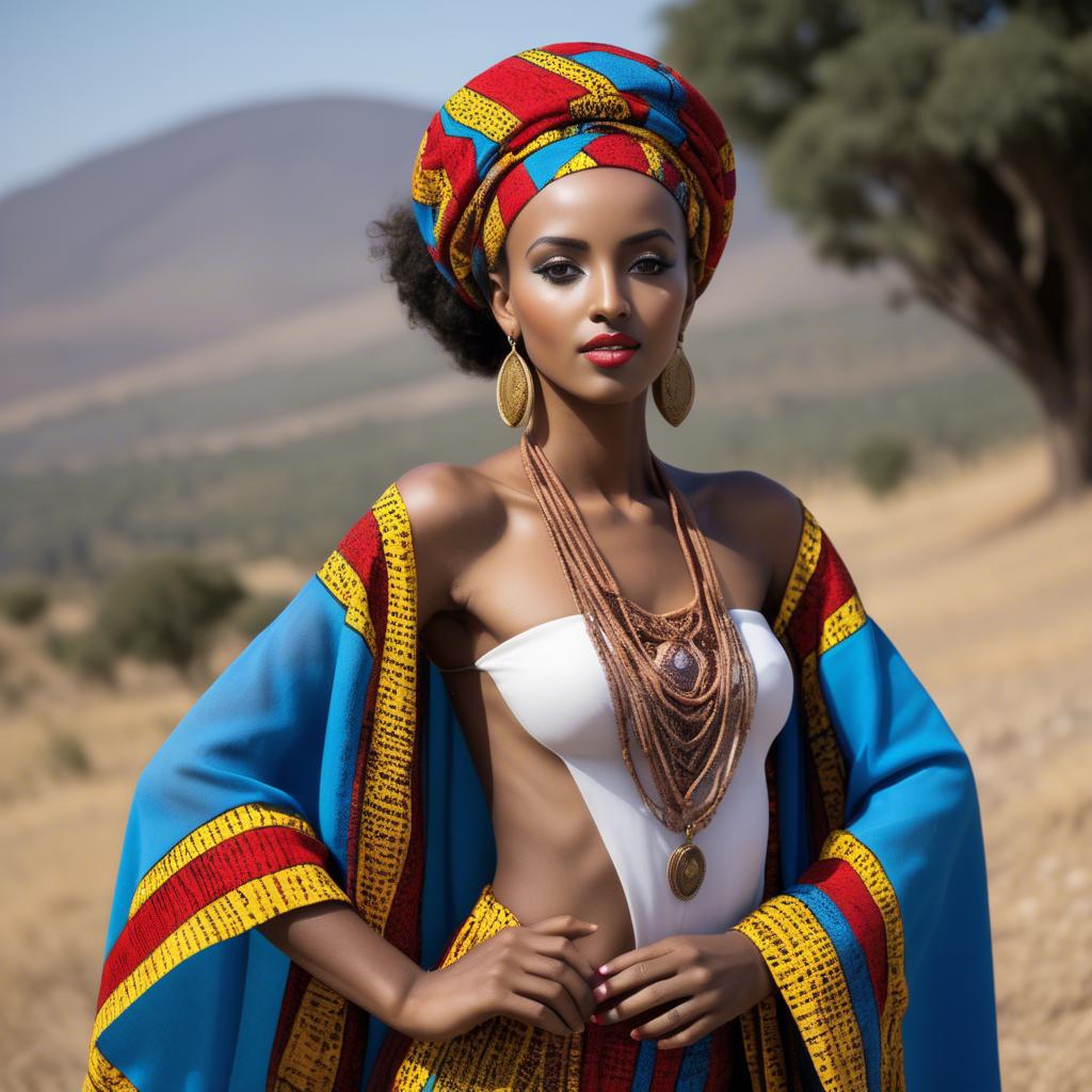 A stunning image of ethiopian model glowing in colorful traditional fabric accentuating regal poise and grace.
