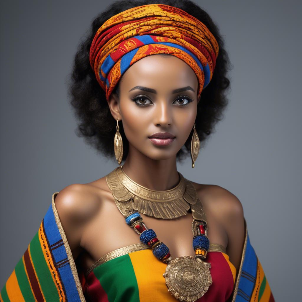 A stunning image of ethiopian model glowing in colorful traditional fabric accentuating regal poise and grace.
