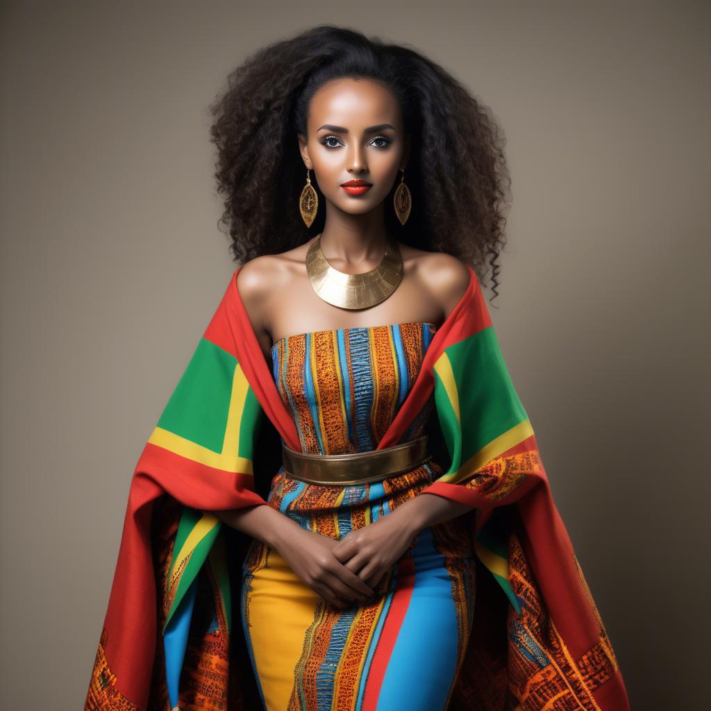 A stunning image of ethiopian model glowing in colorful traditional fabric accentuating regal poise and grace.
