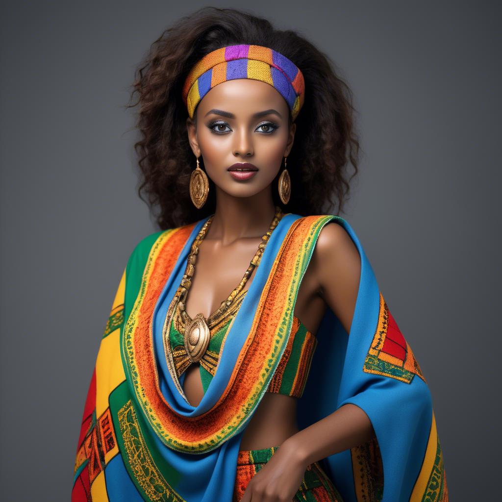 A stunning image of ethiopian model glowing in colorful traditional fabric accentuating regal poise and grace.
