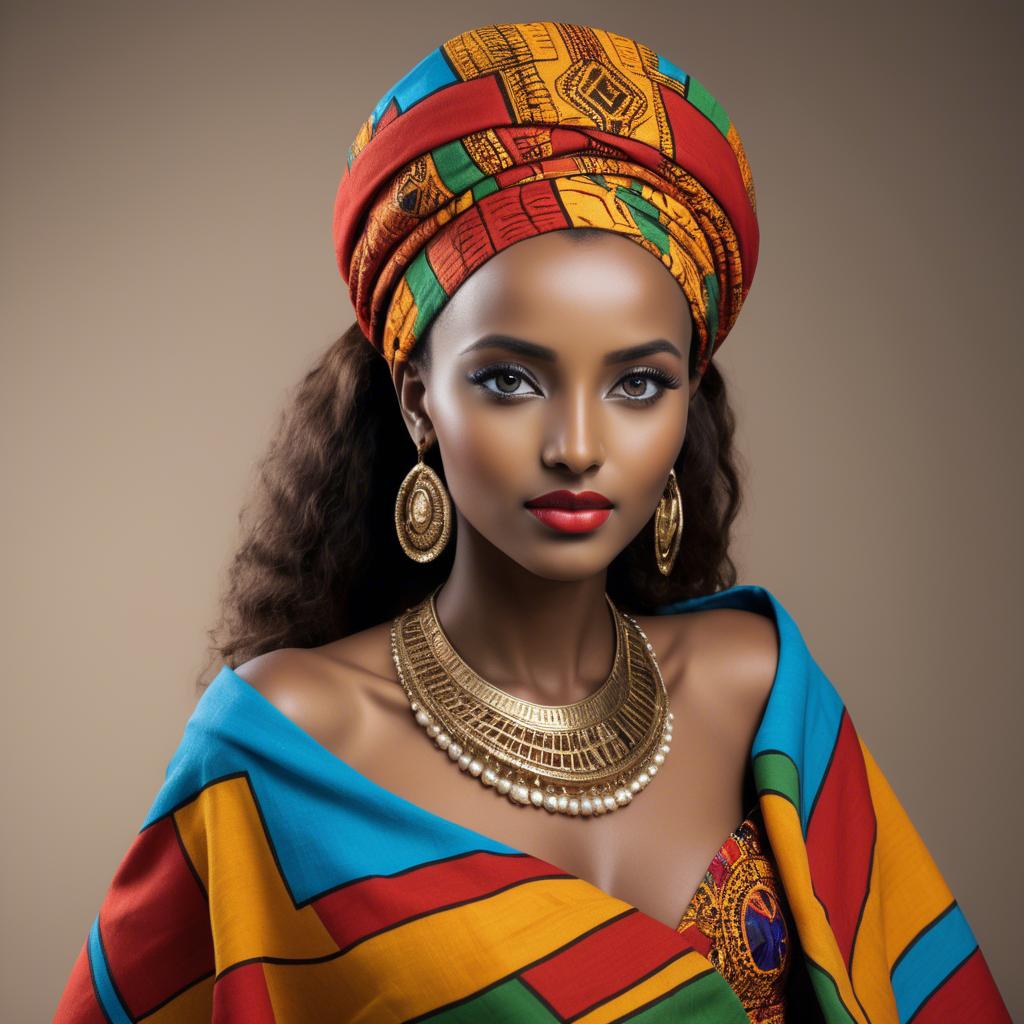 A stunning image of ethiopian model glowing in colorful traditional fabric accentuating regal poise and grace.