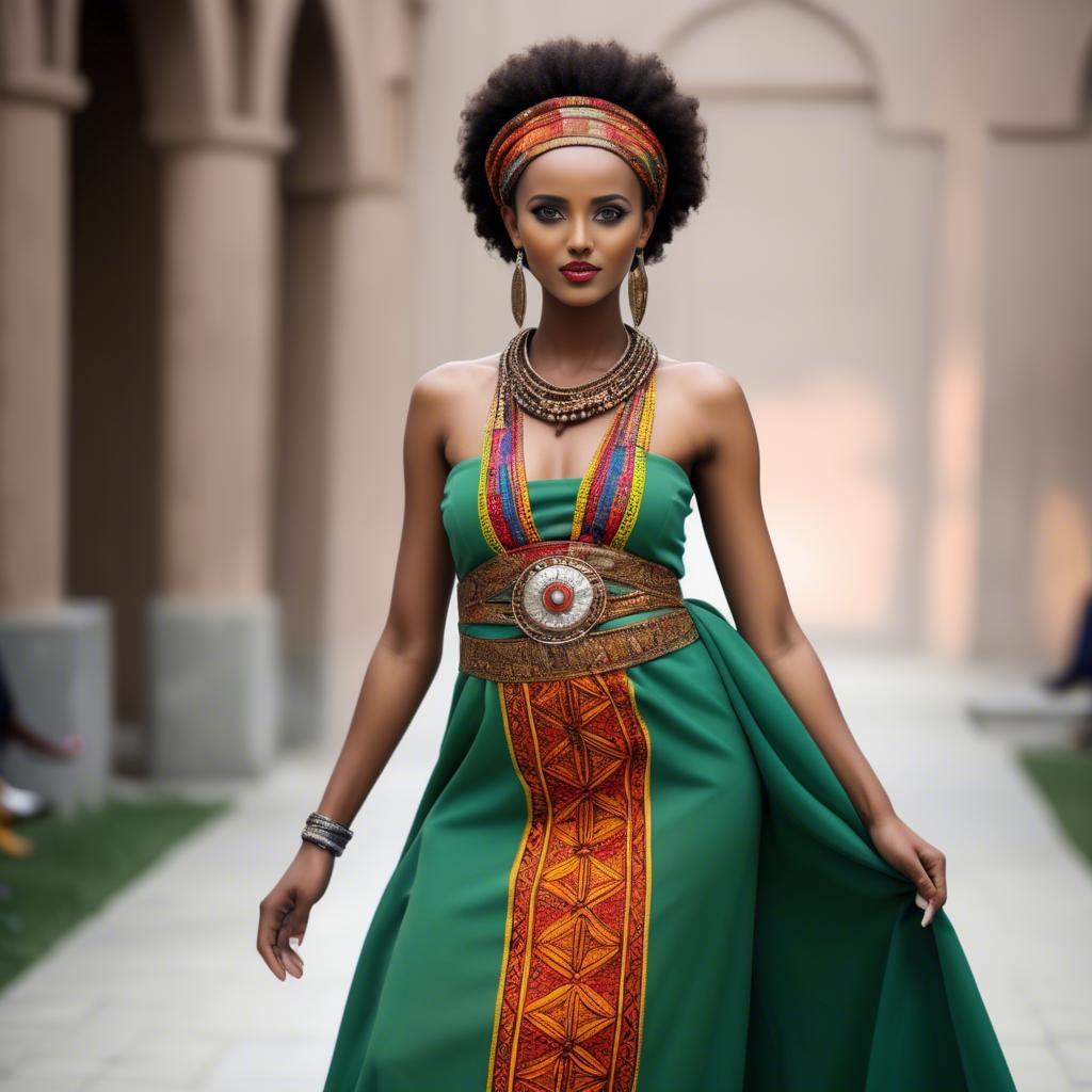 A stunning image of ethiopian model glowing in colorful traditional fabric accentuating regal poise and grace.